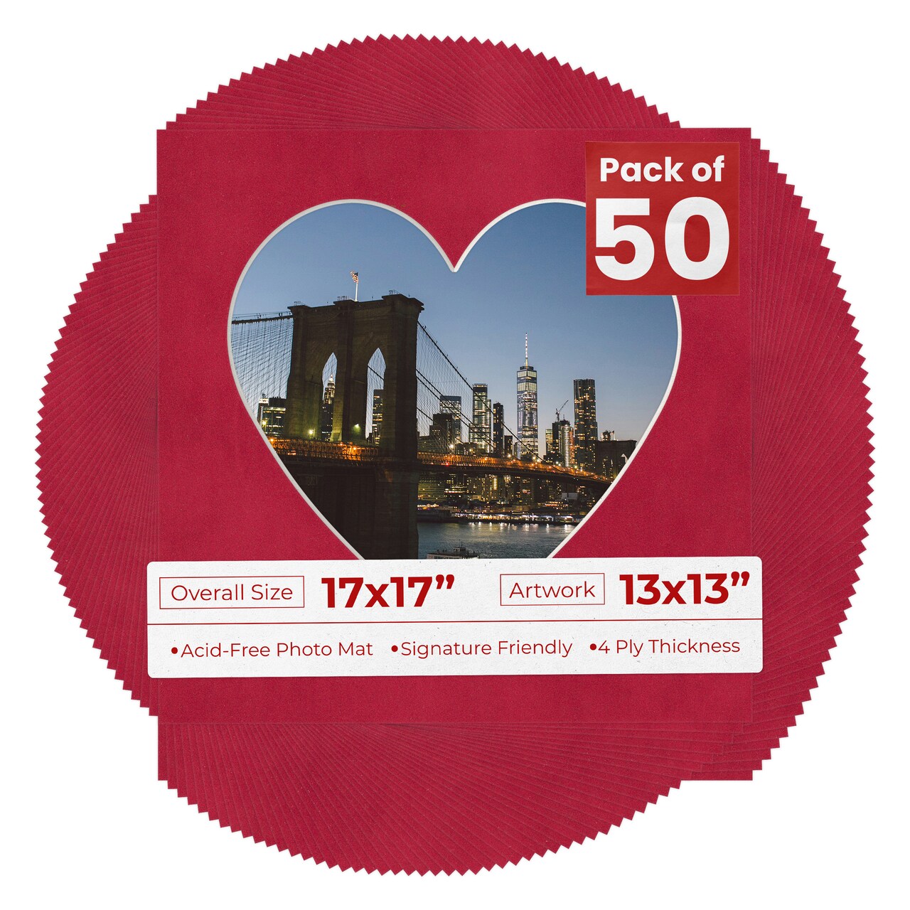 Red Suede Mat Board for 17x17 Frames - Heart Opening for 13x13 Photos